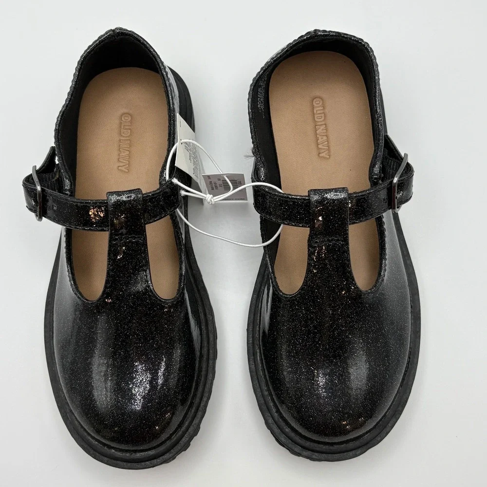 Old Navy Girls Black Glitter Glam Patent Leather Buckle Mary Jane's Size 12